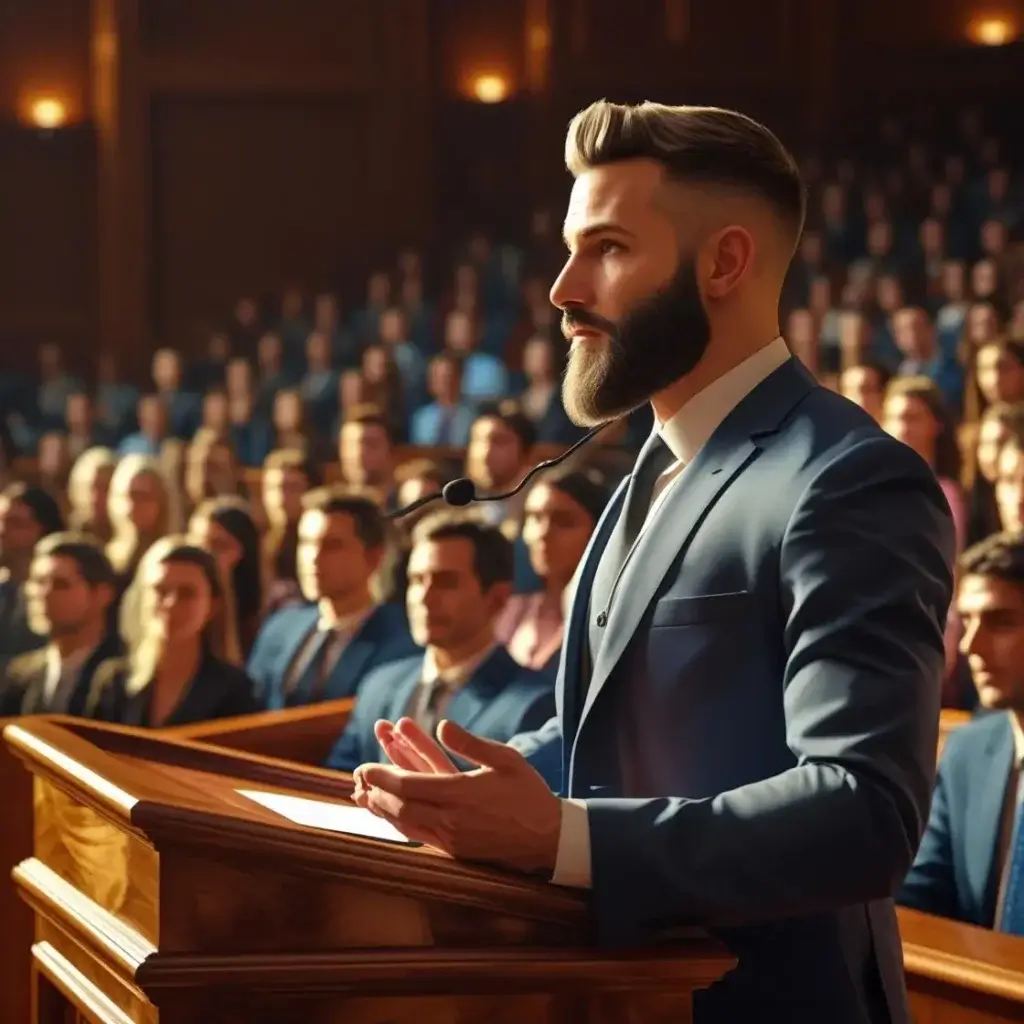 A professional speaker imitating Sarwar Alam, wearing a business suit, confidently addresses an audience from a polished wooden podium in a large auditorium. The audience, a diverse group.