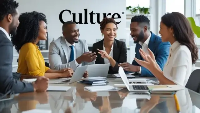 A vibrant photograph depicting a diverse group of professionals collaborating in a bright, modern office space. The scene should convey a positive and supportive work environment, emphasizing teamwork, innovation, and growth, organizational success, an element beyond strategy.