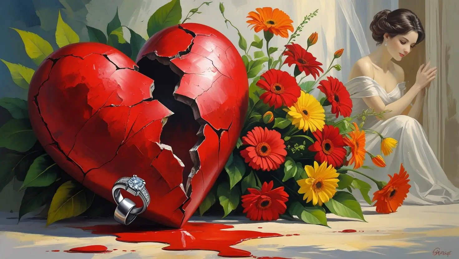 Symbolic artwork of a heart broken in half with a wedding ring and blood beneath, surrounded by vibrant flowers, as a sorrowful woman in a white dress reflects—representing love, loss, and the fragility of marital ties.