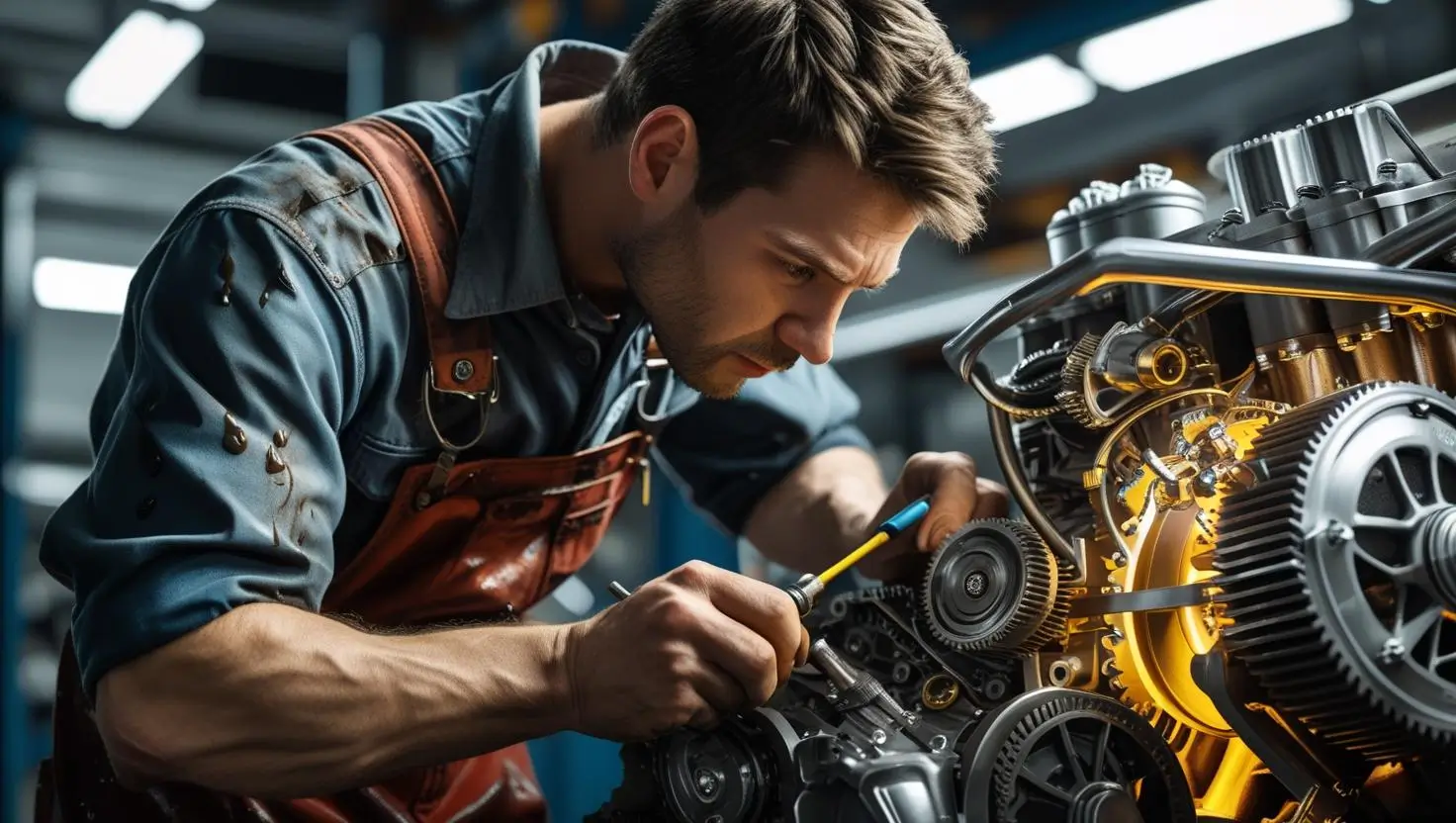 Focused mechanic skillfully working on a complex engine system, representing a hip-pocket skill that showcases mastery, precision, and indispensable value.