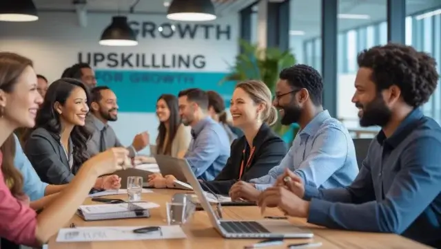 A professional photograph depicting a diverse group of employees engaged in a vibrant corporate upskilling training session, with a focus on "Upskilling for Growth". The image should convey a positive and collaborative atmosphere, showcasing individuals actively participating in a workshop or seminar. The setting should be a modern, well-lit office space with subtle branding elements suggesting a forward-thinking company. The image should be sharp, well-lit, and utilize a shallow depth of field to focus attention on the participants. The color palette should be bright, inviting, and more colorful, with a focus on natural light. The style should be contemporary and aspirational. Caption: Growth with Upskilling.