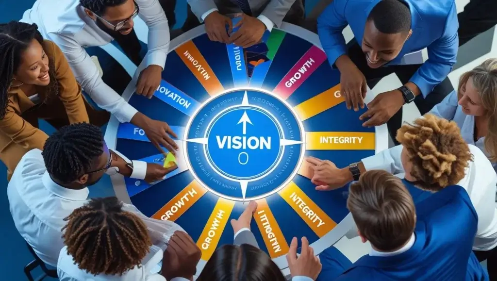 A vision strategy wheel, highlighting core values like innovation, growth, integrity, and motivation—purposeful direction.