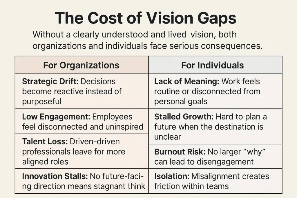 A picture graphic depicting cost of vision gaps for organizations and individuals in the blogpost Why Vision?The Essential Recipe for Organizational & Individual Impact. By Sarwar Alam.