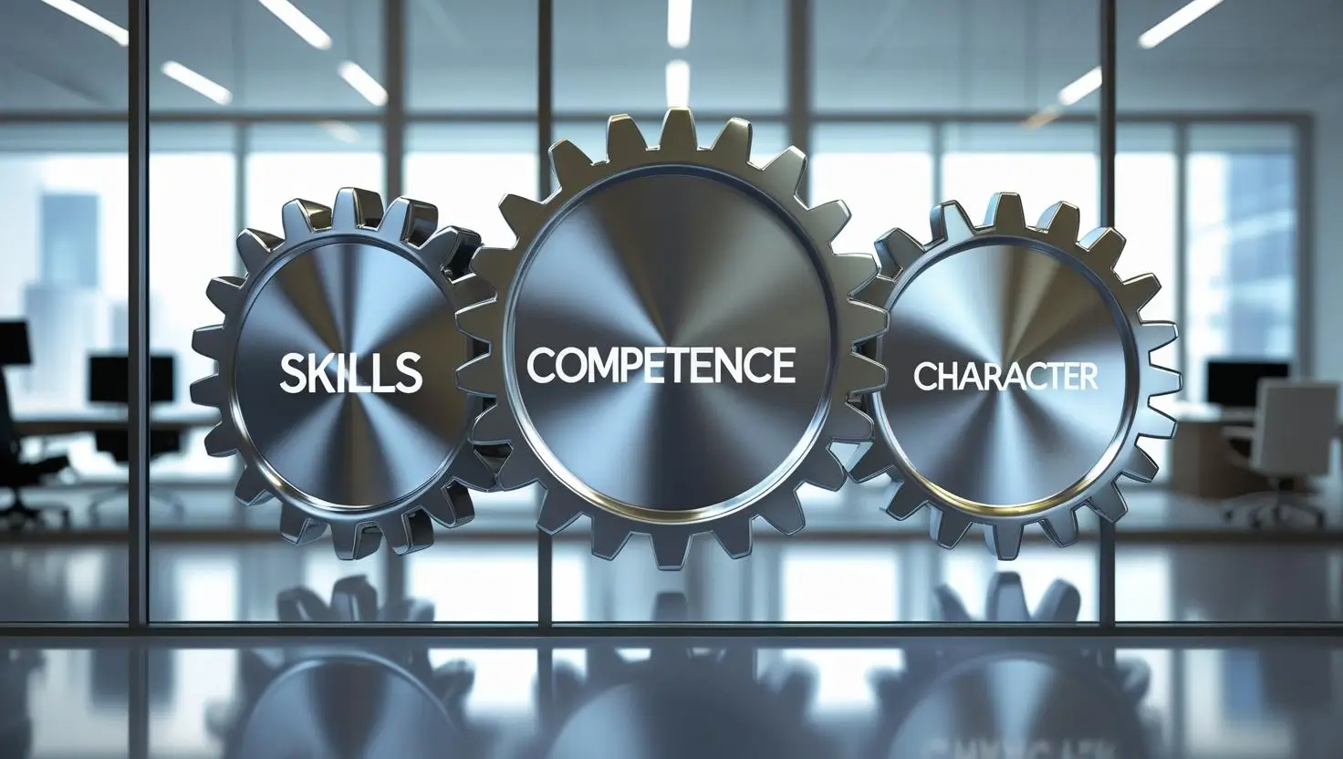 A picture depicting the importance of skills, competence, and character for career success.