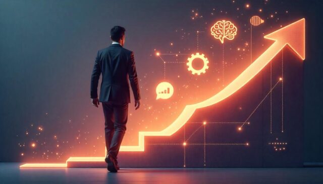 Professional individual on an upward path representing career growth through upskilling, with glowing icons symbolizing new skills like data analysis and communication in a modern job market
