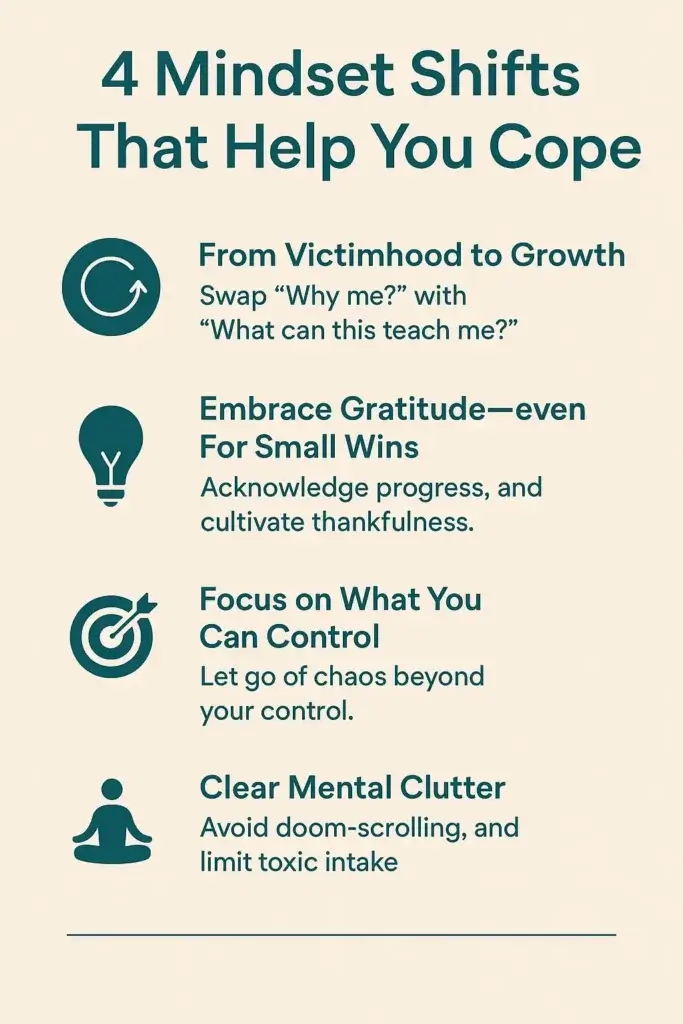 A picture depicting four mindsets shifts that help cope overwhelming, stress, anxiety, burnout, and trauma. Sarwar Alam.