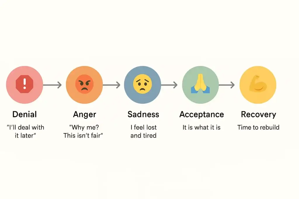 A picture depicting Emotional Cycle of Difficulty: Denial, Anger, Sadness, Acceptance, Recovery - Sarwar-Alam.