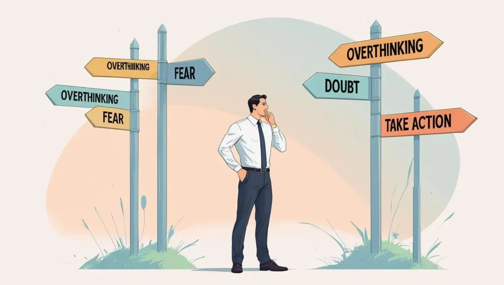 Illustration of a man at a crossroads with signs showing Overthinking, Fear, Doubt, and Take Action.