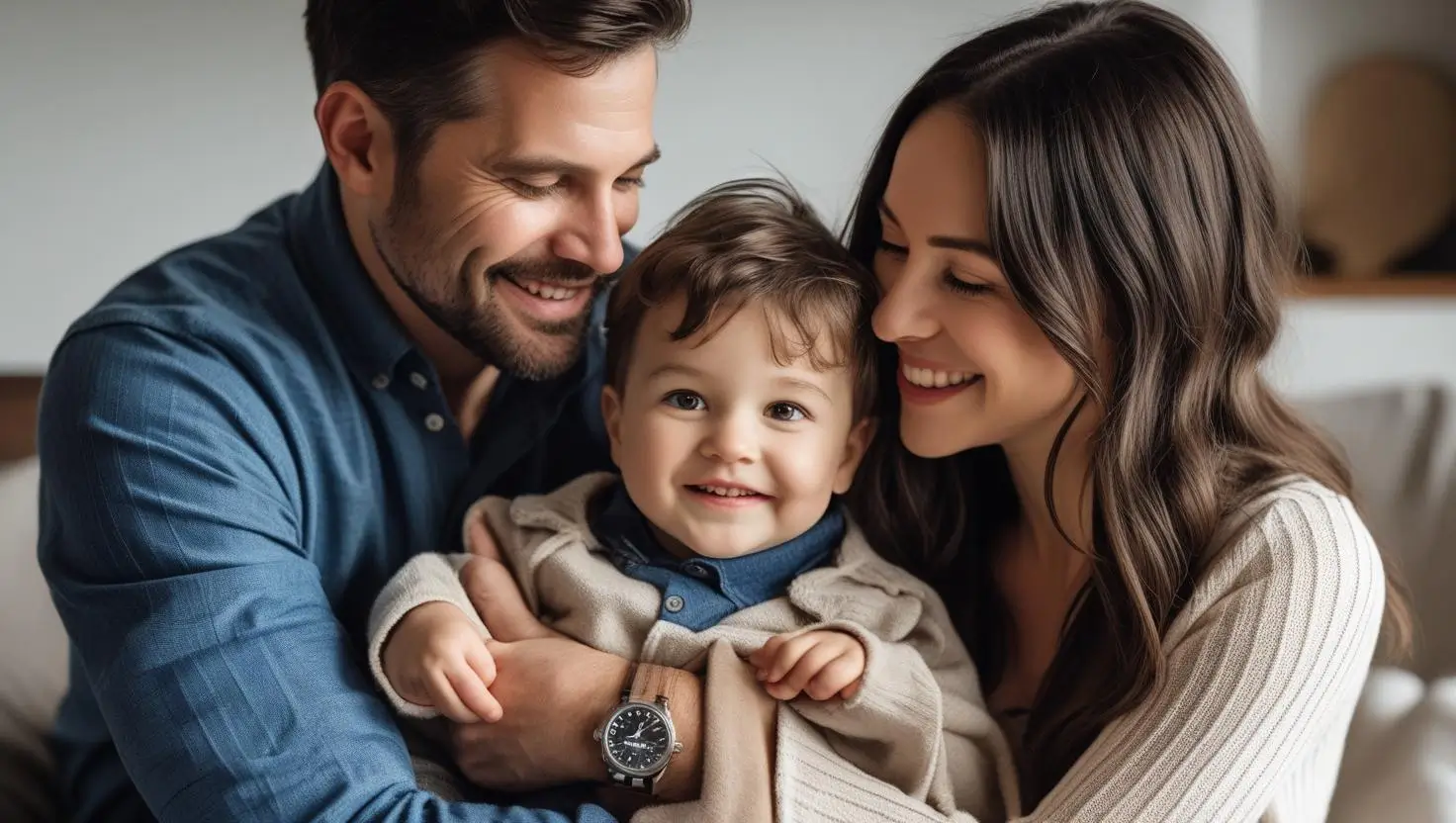 Happy young couple smiling and embracing their toddler son at home, reflecting warmth, love, and strong family bonding, depicting a healthy spouses' relationship needed for child's well-being.