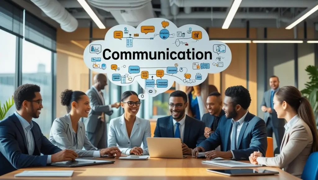 Professional team collaborating in a modern office, highlighting communication as the key to success in career, relationships, and society