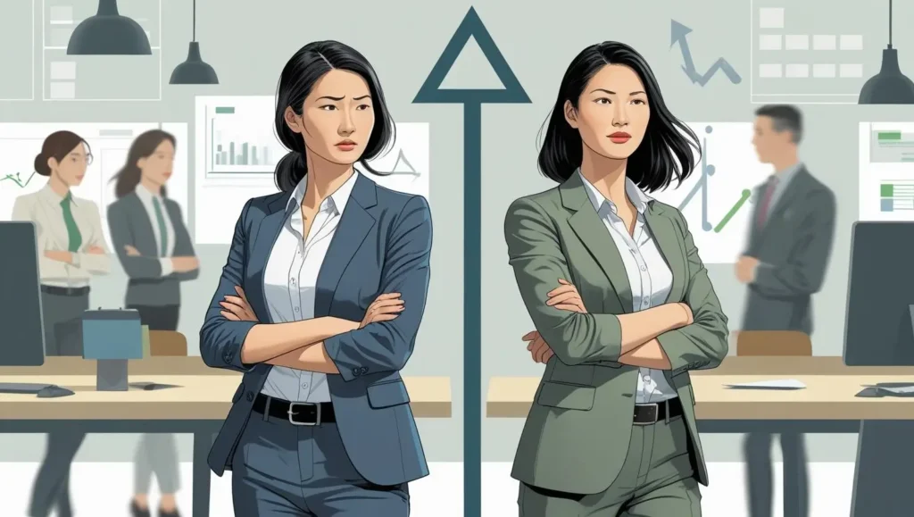 Two professionals showing contrasting growth and fixed mindsets in an office setting.