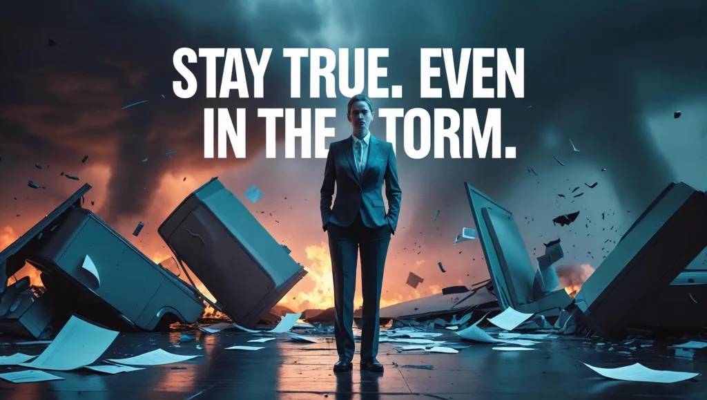 Professional stands calmly amid office chaos, symbolizing resilience in a toxic workplace.
