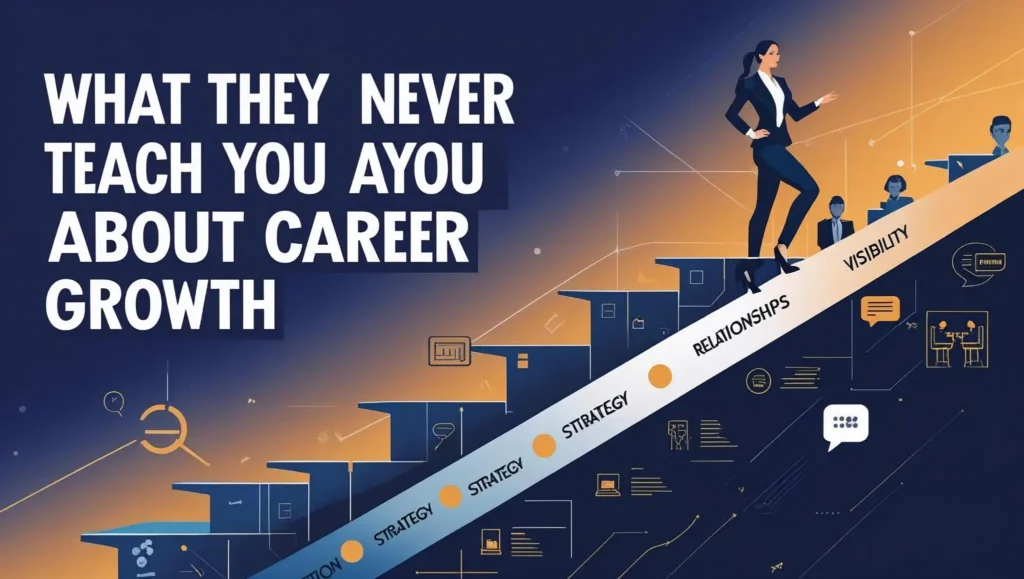 Professional woman climbs career stairs symbolizing career growth, unspoken rules, leadership mindset, and workplace success.
