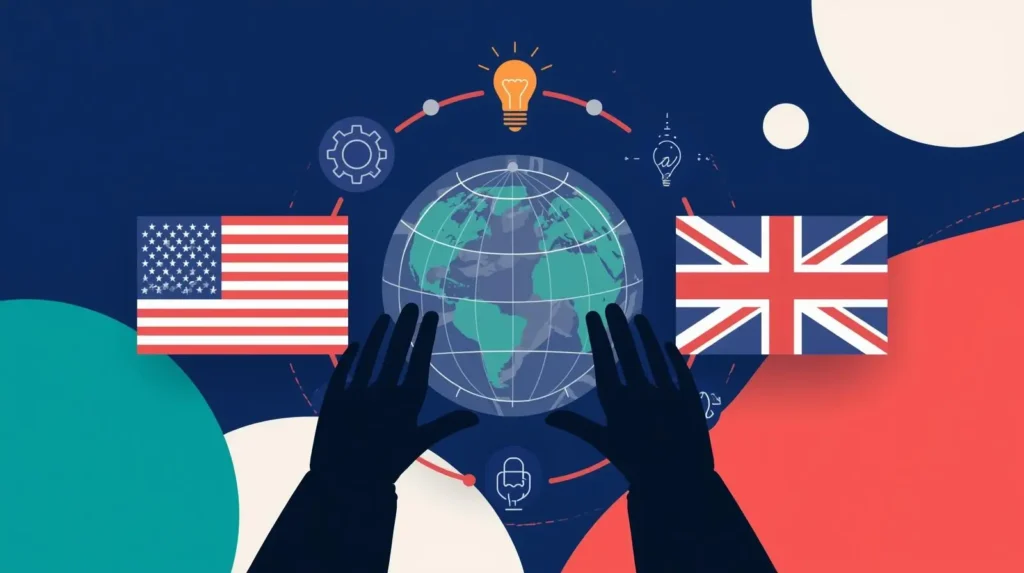 Illustration of a globe with US and UK flags representing the most valuable career skills in 2025 for global job markets.