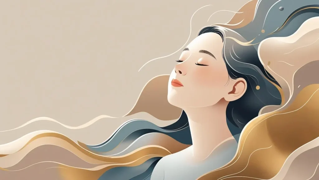 llustration of a serene woman with closed eyes and flowing multicolored hair in gold, beige, and blue tones, symbolizing calmness, resilience, and staying positive during overwhelming times.