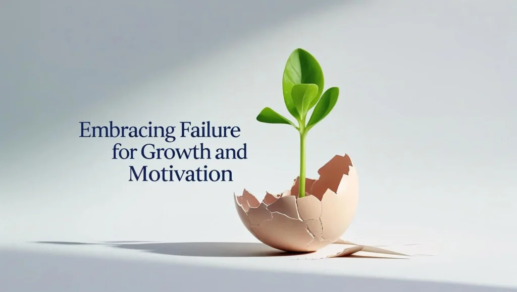 A small green sprout growing out of a cracked eggshell on a clean white background, symbolizing Embracing Failure Fuels Your Greatest Life Lessons and Drives Lasting Motivation.
