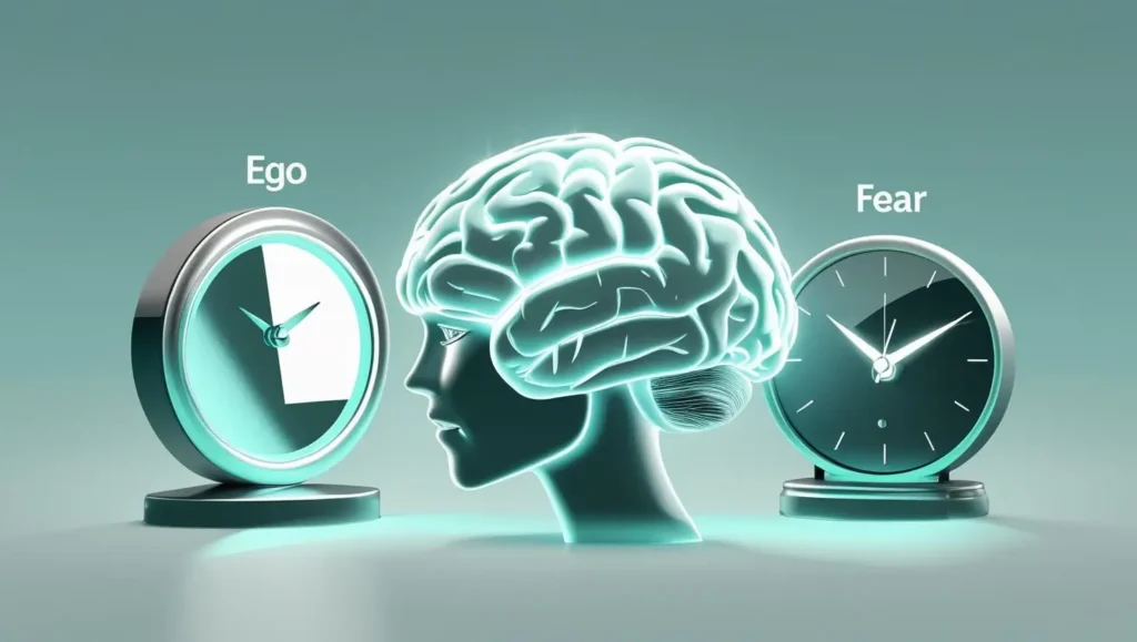 Minimalist illustration showing a glowing human brain between two clocks labeled Ego and Fear, symbolizing mental barriers to curiosity like ego, speed, and fear in the workplace.