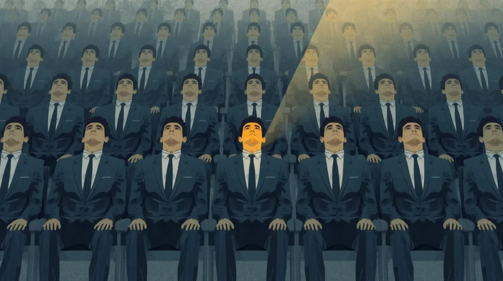 A row of identical business professionals sitting in suits, with one individual highlighted by a spotlight, symbolizing career growth and readiness for leadership.