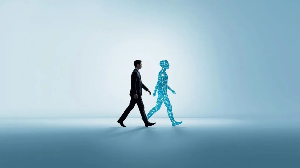 A professional walking in parallel with a glowing AI figure, symbolizing Parallel Intelligence and leadership without authority in the AI age.